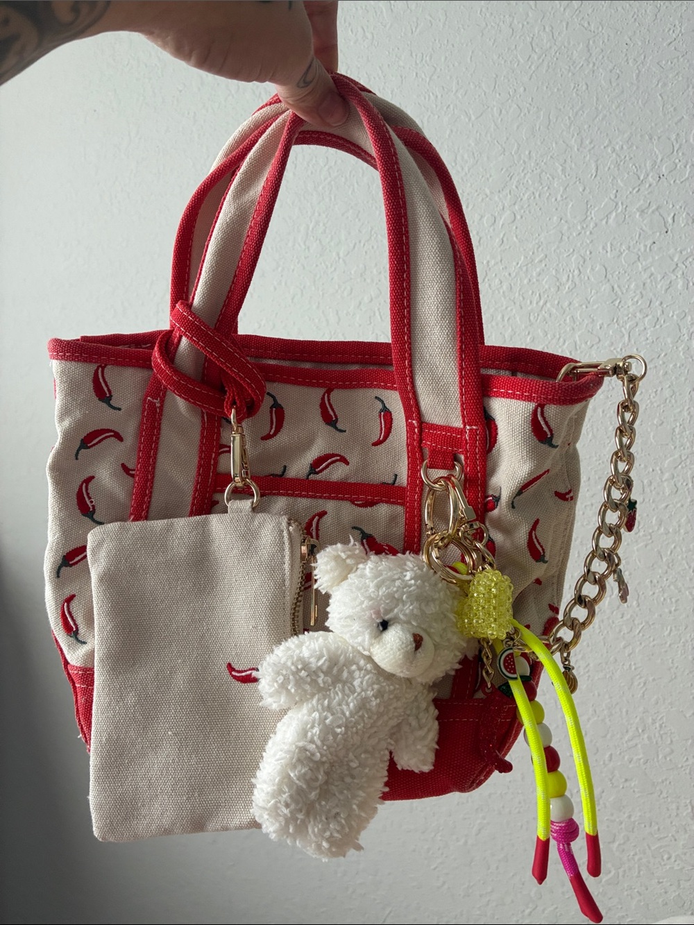 Madden Girl Cream Canvas Tote with Red Trim and Chili Print